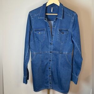 Free People Longline Fitted Denim Shirt Dress Size M